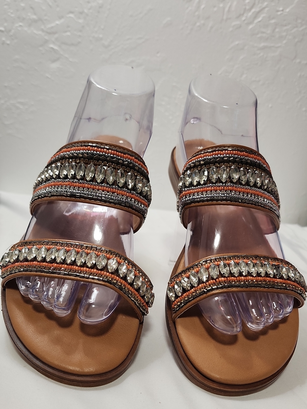 Women's Tan Jeweled Double-Strap Slide Sandals